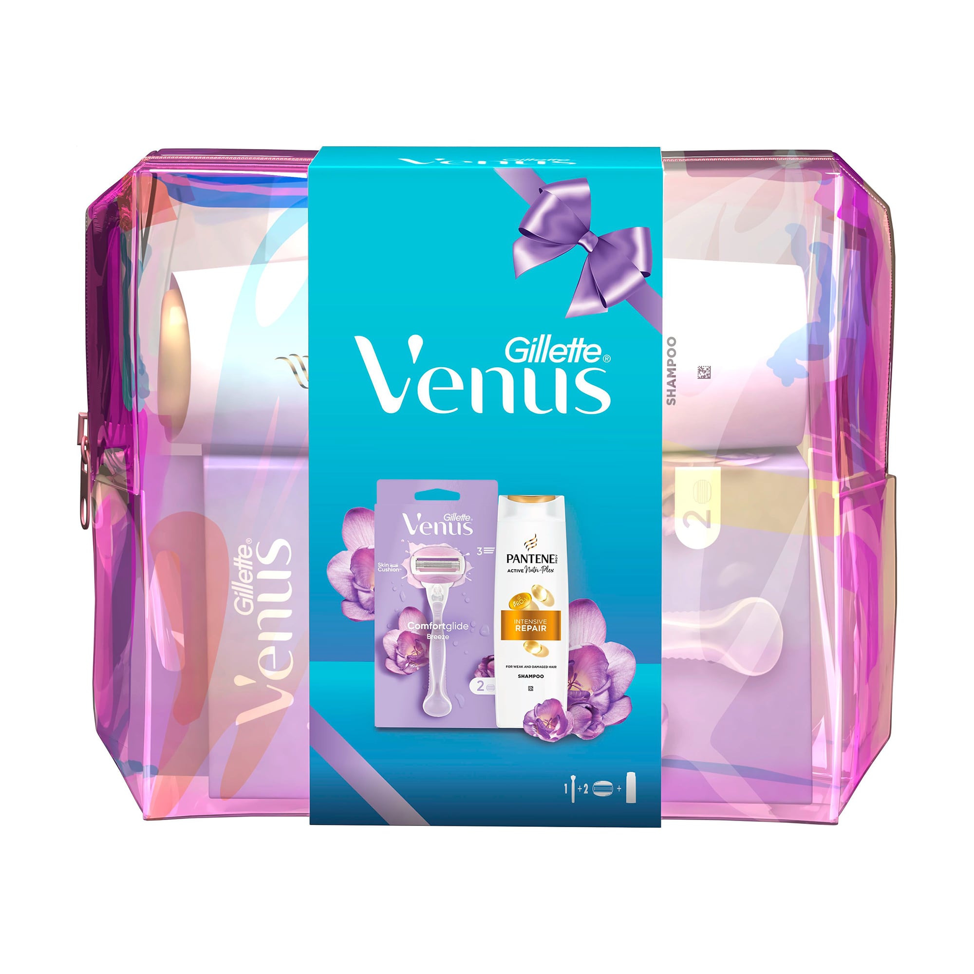 Подарунковий набір жіночий Gillette Venus (станок + змінні картриджі, 2 шт + шампунь для волосся Pantene Pro-V, 250 мл + косметичка)